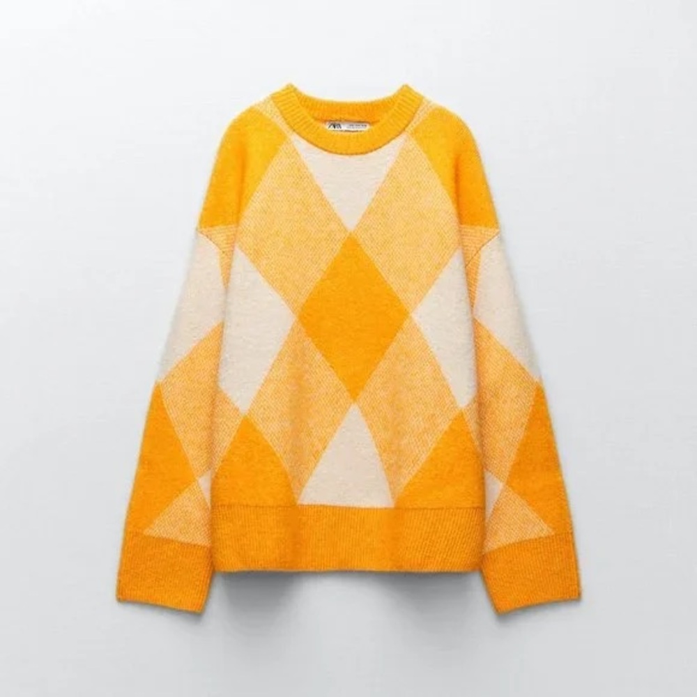 Zara argyle jacquard orange knit sweater
